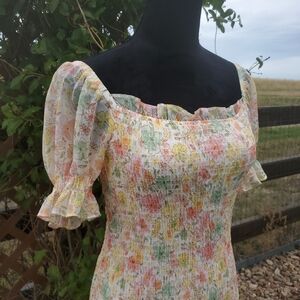 Story On Floral Pastel Puff Sleeve Smocked Mini Dress Juniors Size Small EUC